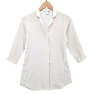 Leggiadro Silk Shirt Womens White Covered Placket 3/4 Sleeve Snap Blouse Size 6